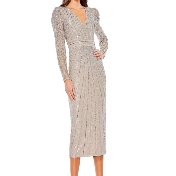 NWT Mac Duggal 93676 [20] Silver Beaded Lace Long Sleeve Midi Dress Cocktail - Picture 2 of 12